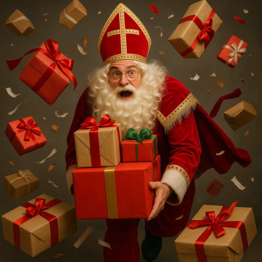 Text-To-Image Job Job B432 A Person Wearing A Sinterklaas Hat While Trying To Carry Too